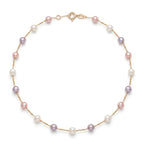 18K Solid Gold 7-7.5mm Multi-Color Pearl Station Choker Necklace for Women