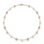 18K Gold Multi-Color Pearl Station Choker – Romantic White, Pink & Lavender Bridal Necklace for Brides and Bridesmaids (7-7.5mm)