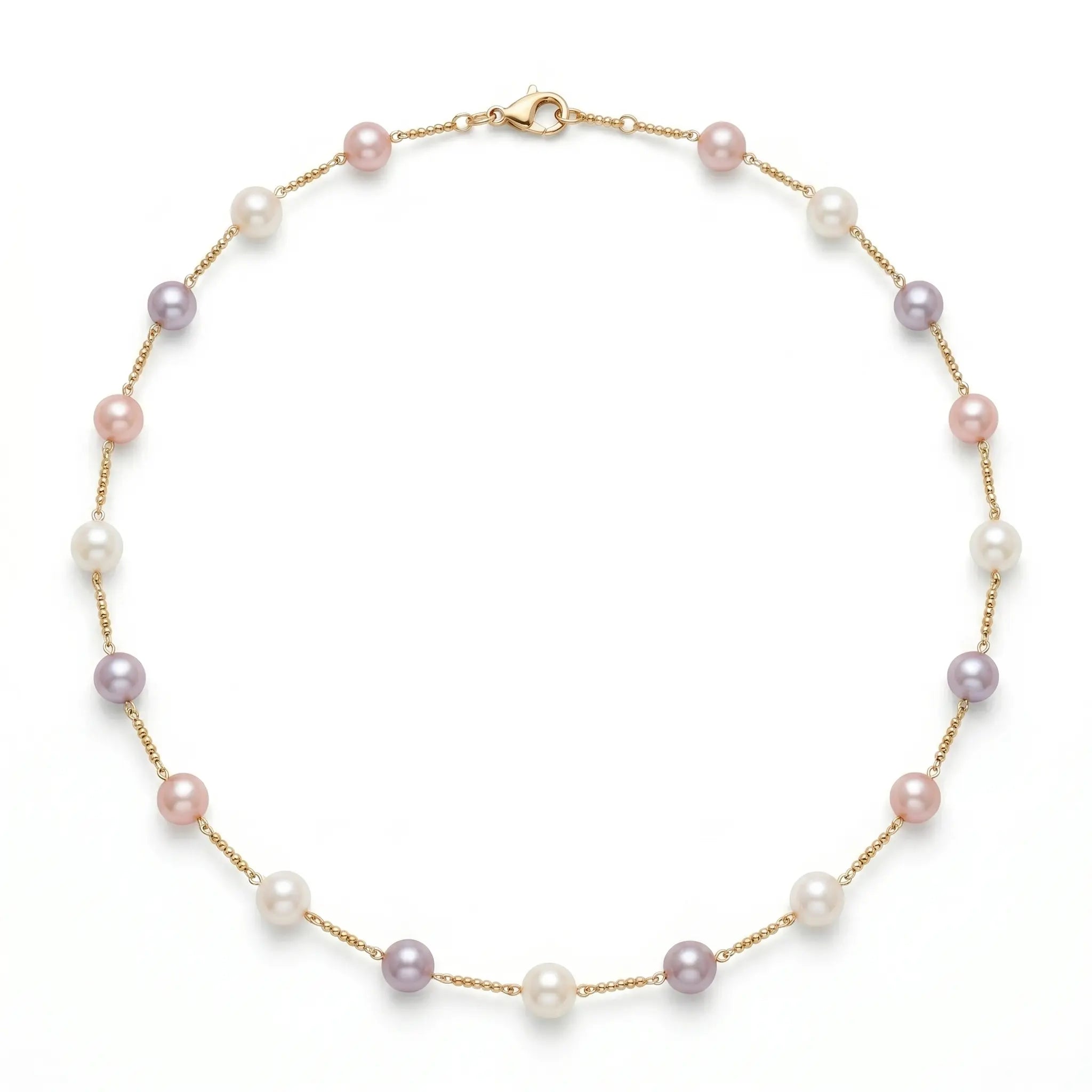 18K Gold Multi-Color Pearl Station Choker – Romantic White, Pink & Lavender Bridal Necklace for Brides and Bridesmaids (7-7.5mm)