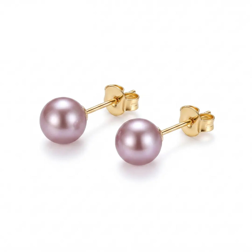 18K Gold Natural Purple Freshwater Pearl Stud Earrings, 5-8.5mm Lavender Pearls