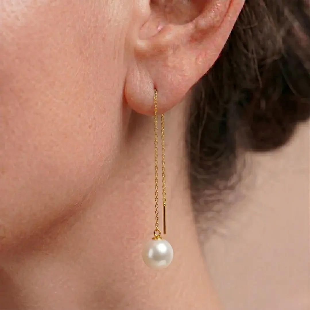 18K Solid Gold Japanese Akoya Pearl Threader Earrings