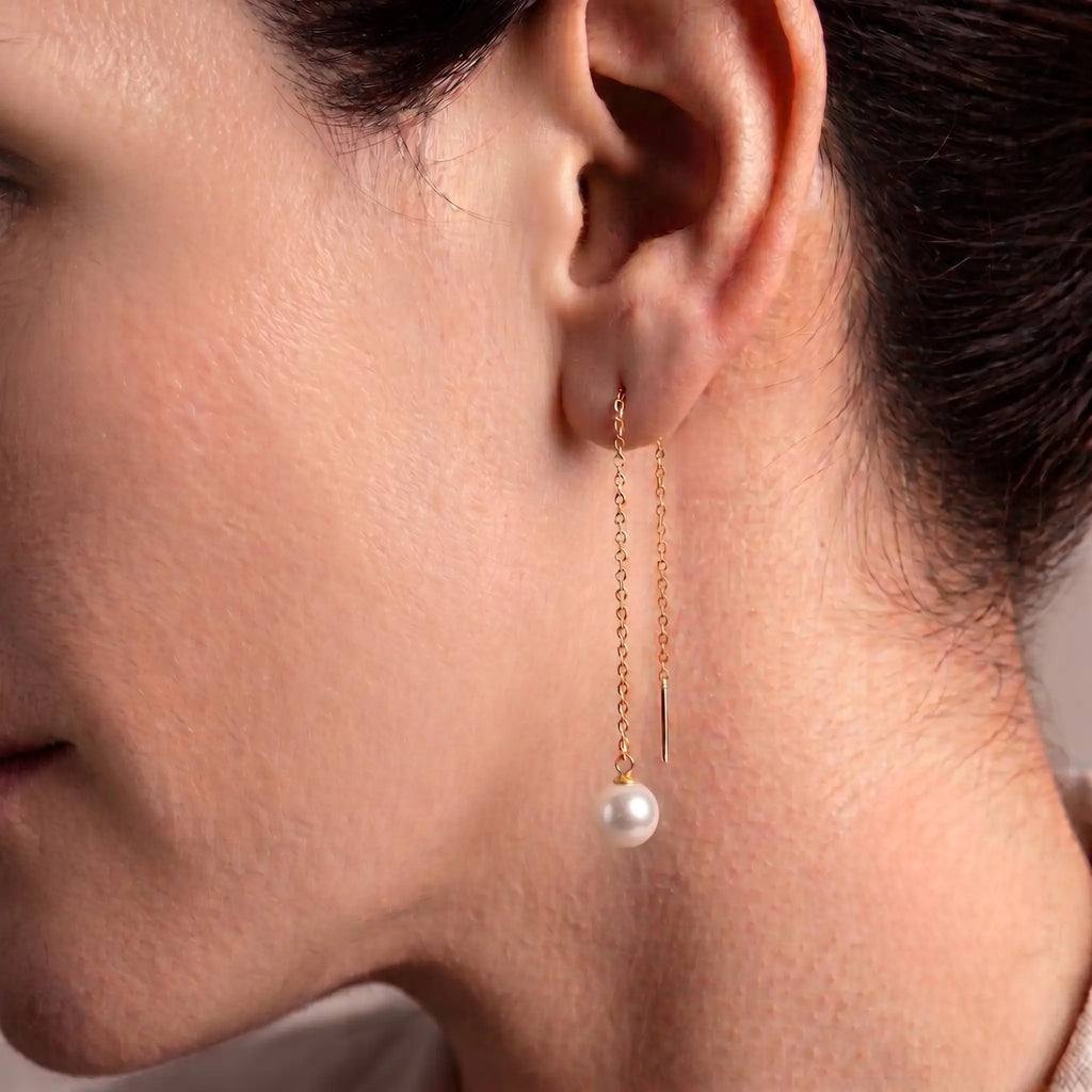 18K Solid Gold 5-7.5mm Japanese Akoya Pearl Threader Earrings for Women, Pull Through Chain Dangle, Fine Jewelry Gift
