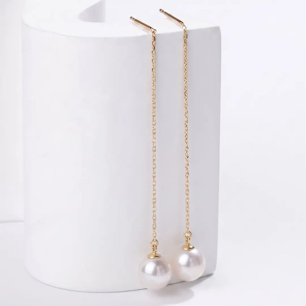 18K Solid Gold Japanese Akoya Pearl Threader Earrings