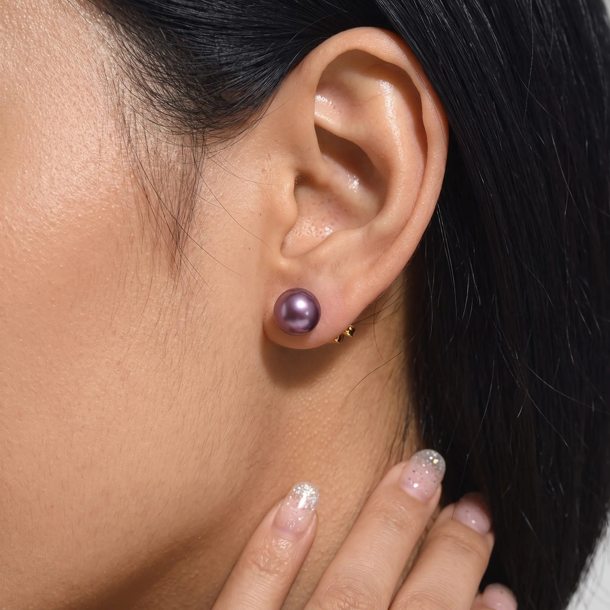18K Gold Natural Purple Edison Pearl Stud Earrings 9-9.5mm, Real Lavender Metallic Cultured Freshwater Pearls for Women, Fine Jewelry Gift