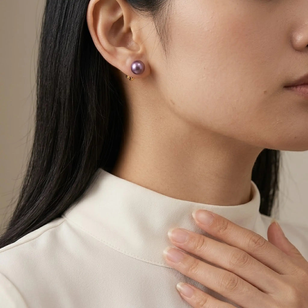 18K Gold Natural Purple Edison Pearl Stud Earrings 9-9.5mm, Real Lavender Metallic Cultured Freshwater Pearls for Women, Fine Jewelry Gift