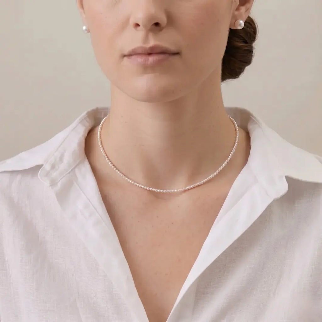 18K Solid Gold Dainty Choker, Mini 2-2.5mm Seed Pearl Necklace, Magnetic Clasp for Easy Wear