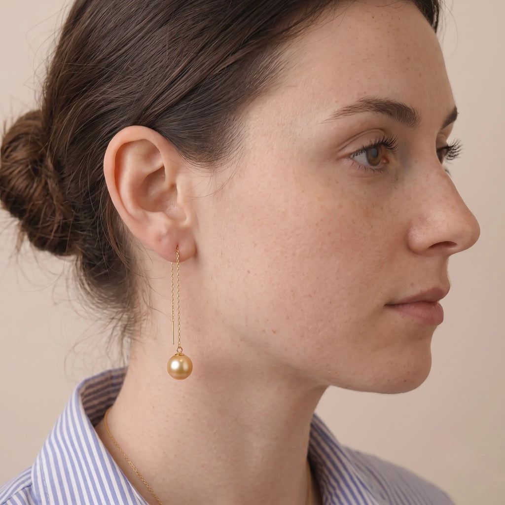 18K Solid Gold South Sea Golden Pearl Threader Earrings, 9-9.5mm Rare Deep Gold Earrings