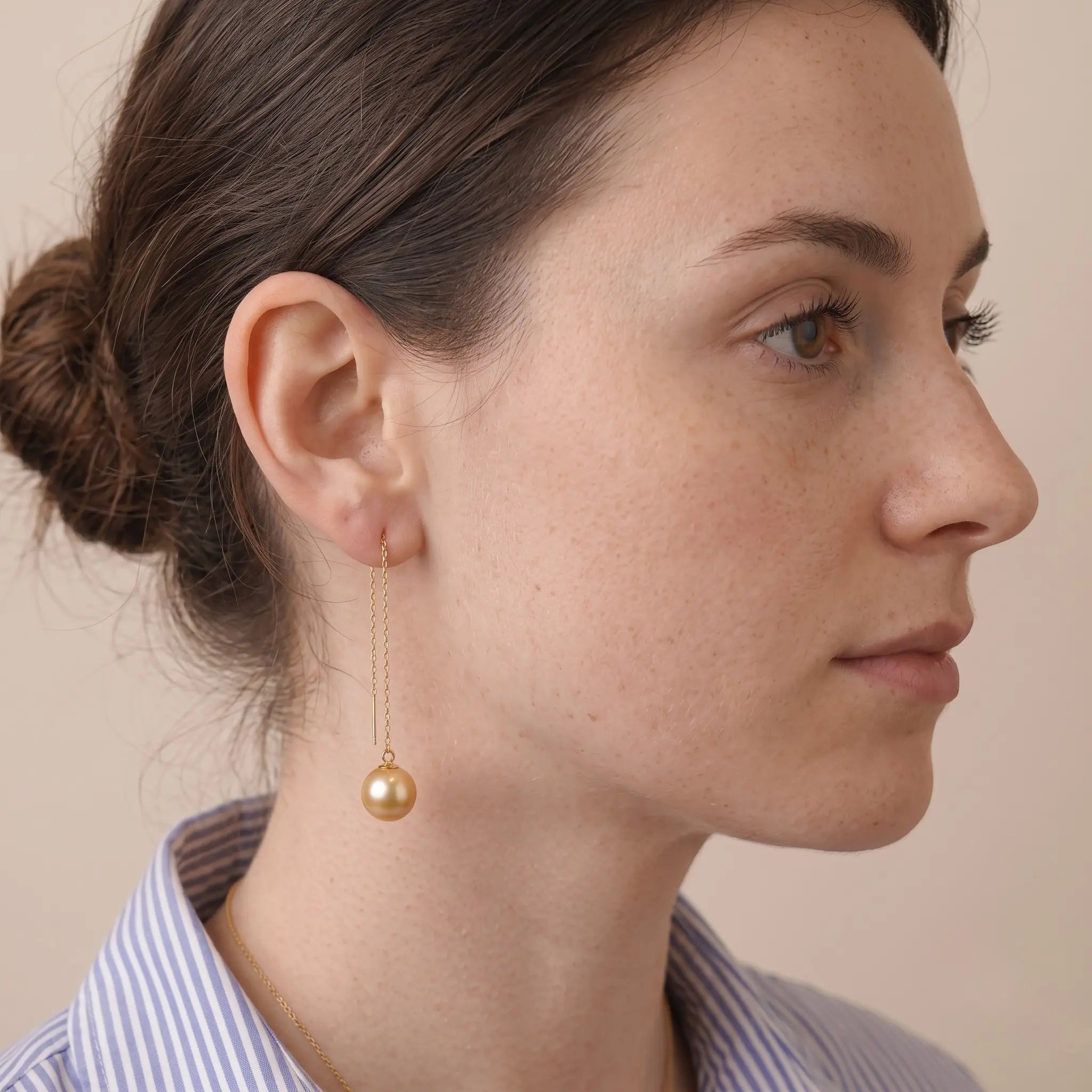 18K Solid Gold South Sea Golden Pearl Threader Earrings, 9-9.5mm Rare Deep Gold Earrings