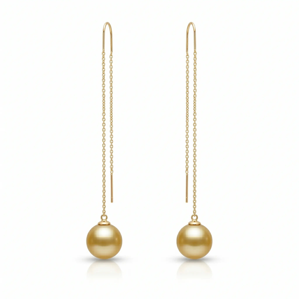 18K Solid Gold South Sea Golden Pearl Threader Earrings, 9-9.5mm Rare Deep Gold Earrings