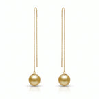 18K Solid Gold South Sea Golden Pearl Threader Earrings, 9-9.5mm Rare Deep Gold Earrings