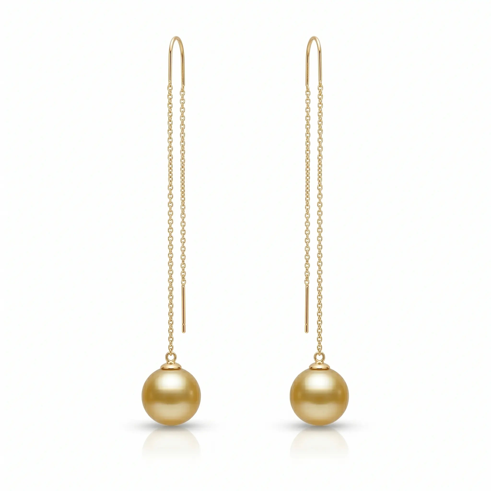 18K Solid Gold South Sea Golden Pearl Threader Earrings, 9-9.5mm Rare Deep Gold Earrings