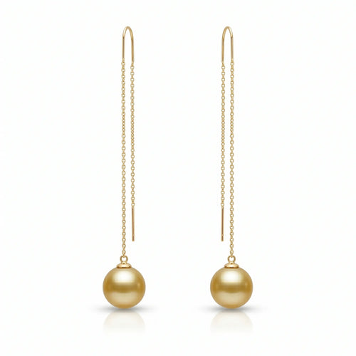 18K solid gold Golden South Sea pearl threader earrings featuring 9–9.5mm natural golden pearls with mirror-like luster.