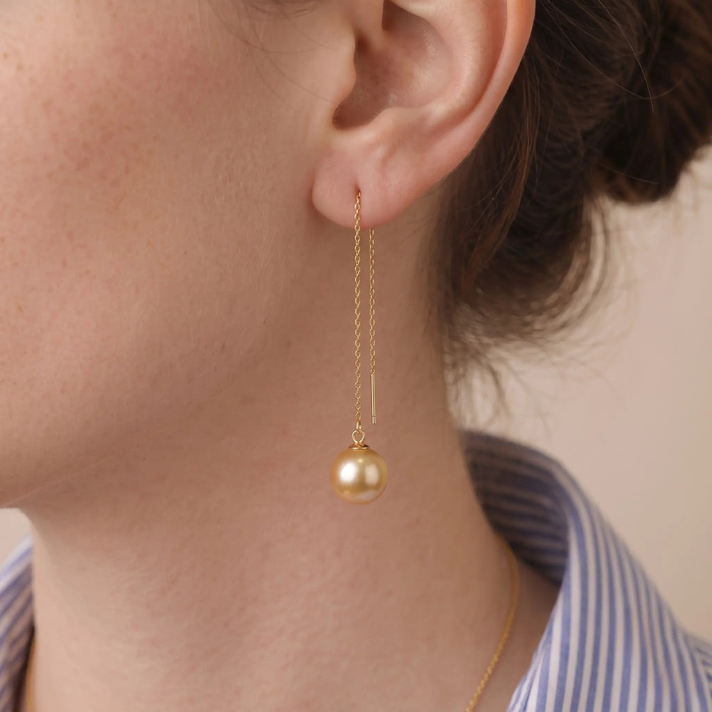 18K Solid Gold South Sea Golden Pearl Threader Earrings, 9-9.5mm Rare Deep Gold Earrings