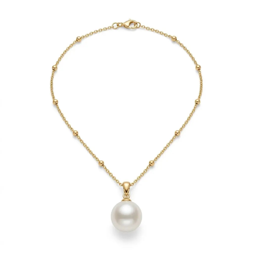 18K Gold 10-10.5mm White Edison Pearl Pendant Necklace with Beaded Chain