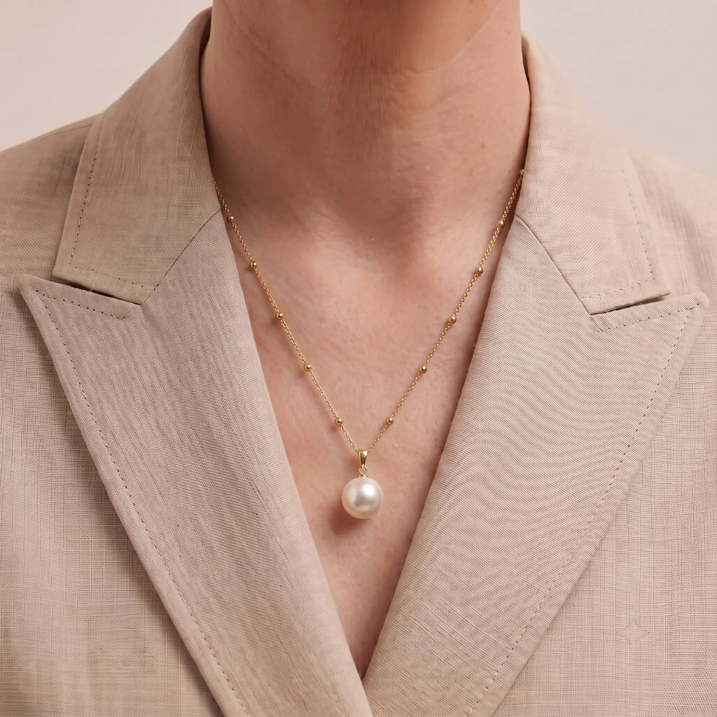 18K Gold 10-10.5mm White Edison Pearl Pendant Necklace with Beaded Chain