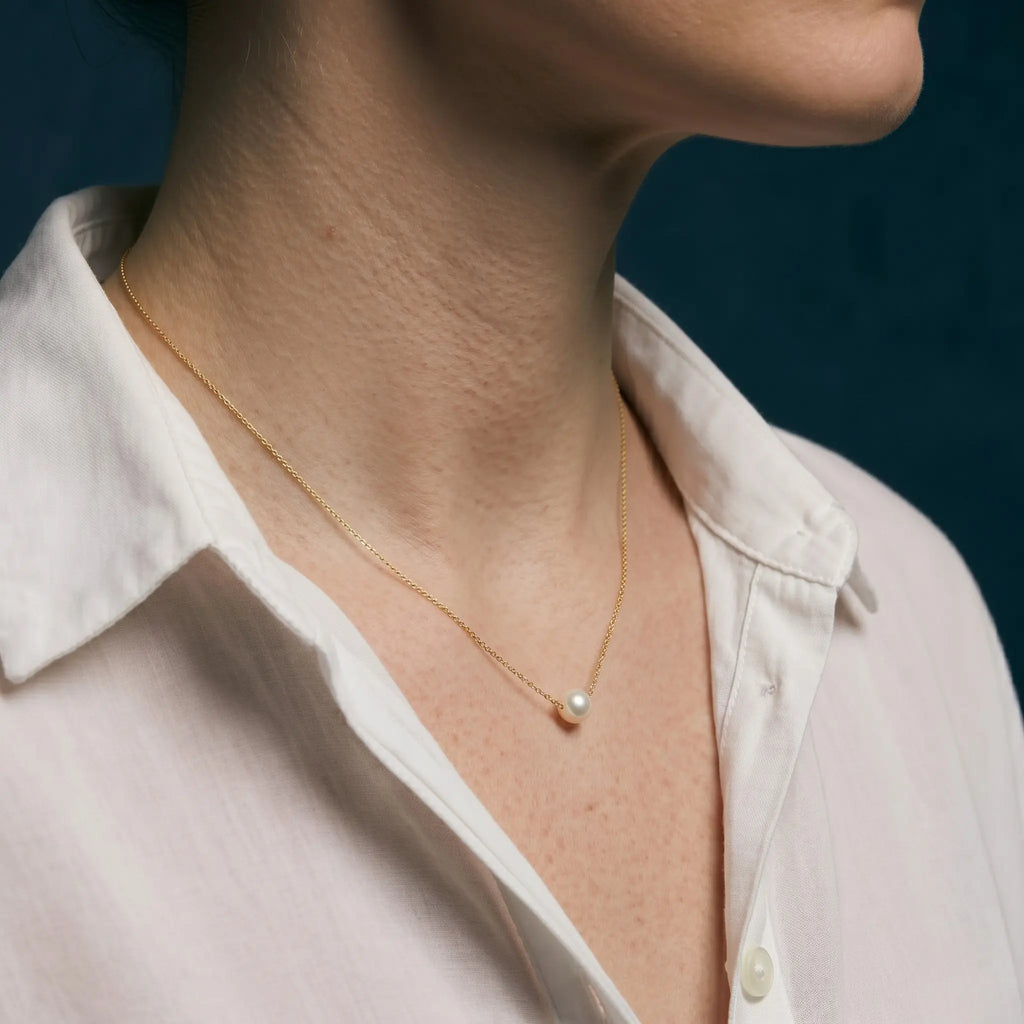 18K Solid Gold Ultra-Fine O-Chain Floating Freshwater Pearl Necklace, 5-5.5mm