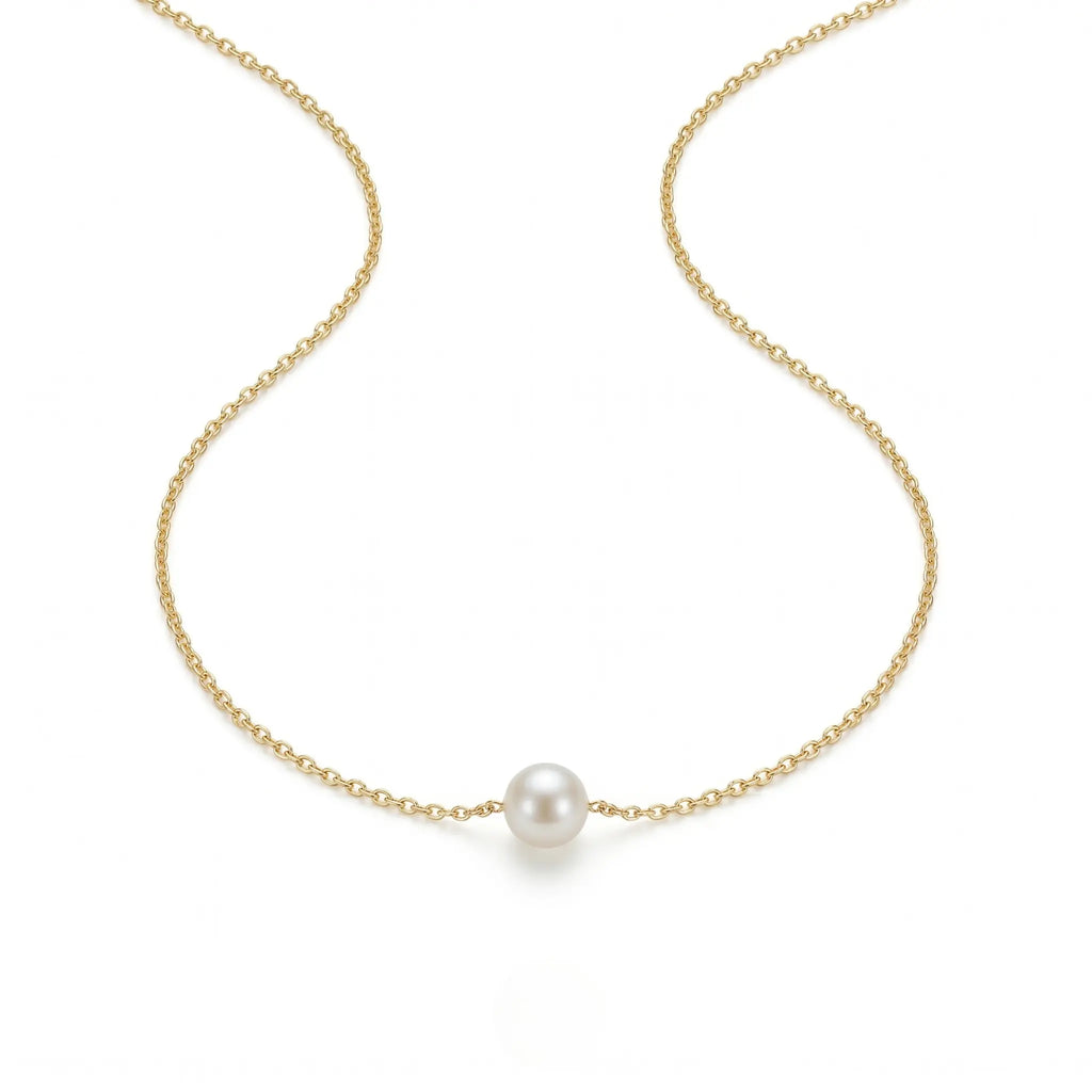 18K Solid Gold Ultra-Fine O-Chain Floating Freshwater Pearl Necklace, 5-5.5mm