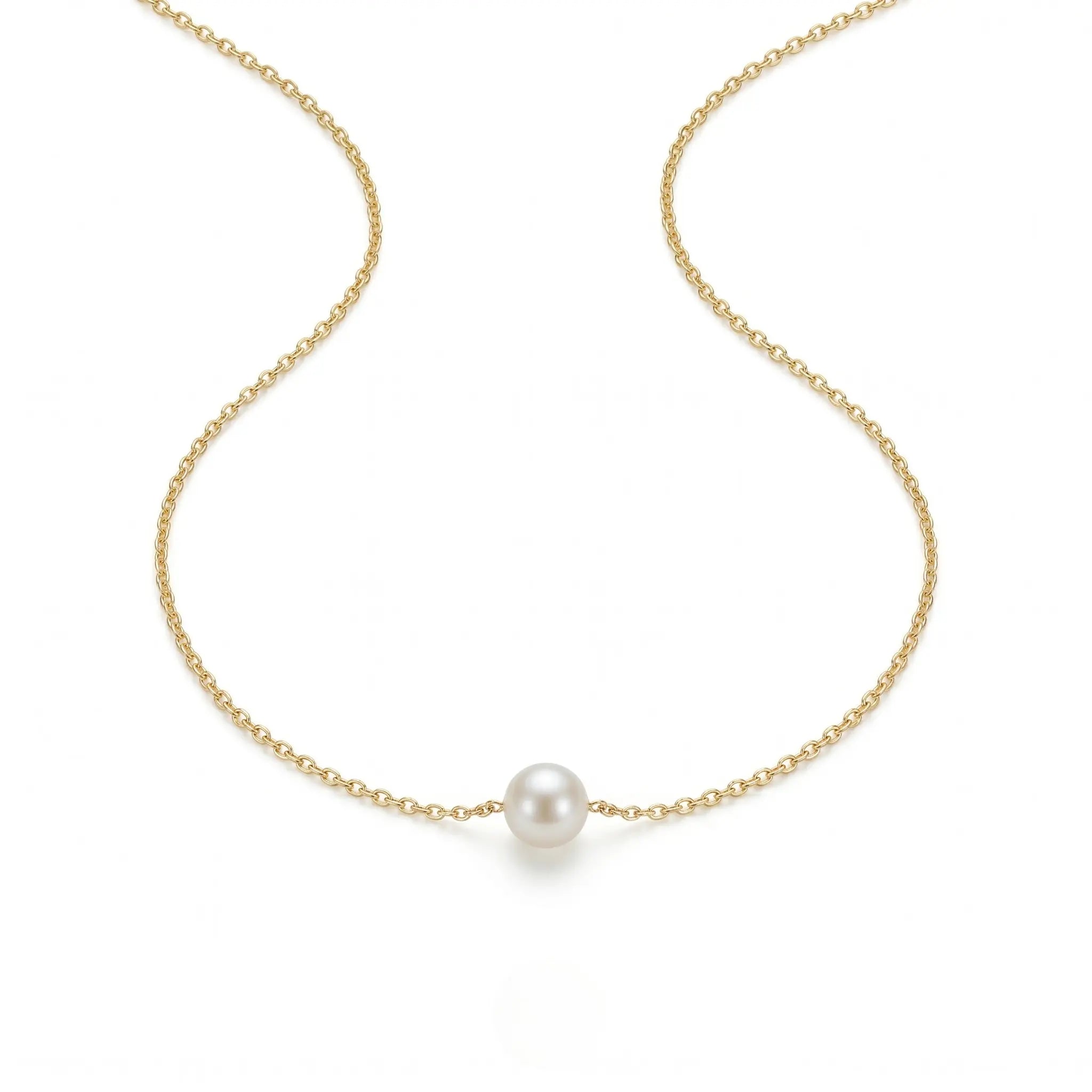 18K Solid Gold Ultra-Fine O-Chain Floating Freshwater Pearl Necklace, 5-5.5mm