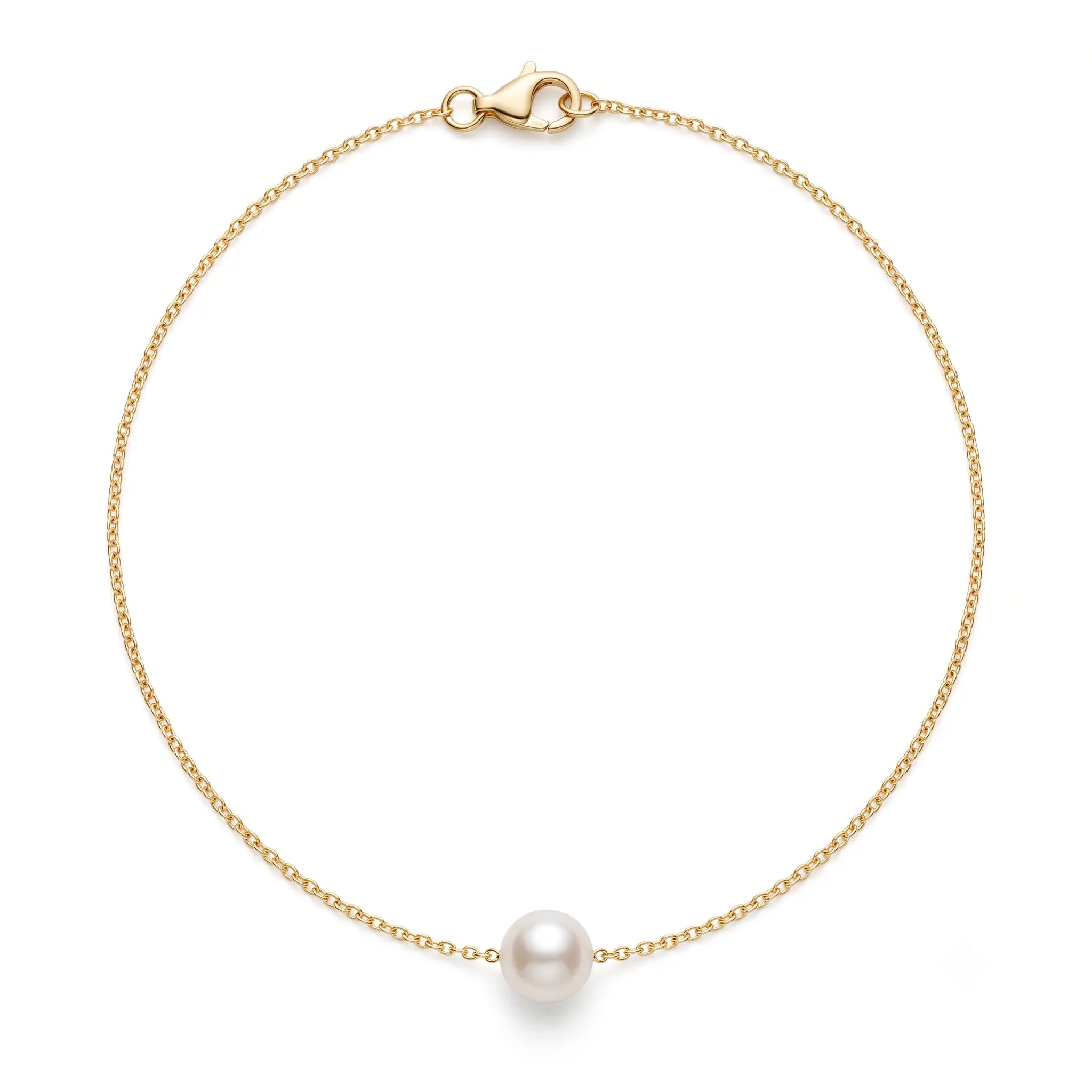 Close-up product shot of a 7-7.5mm genuine Japanese Akoya saltwater pearl pendant on an ultra-fine 18K solid yellow gold chain, isolated on a white background.