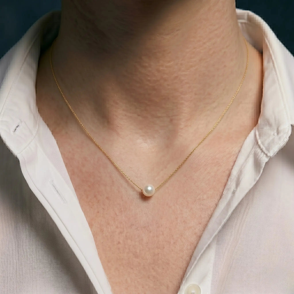 18K Solid Gold Ultra-Fine O-Chain Floating Freshwater Pearl Necklace, 5-5.5mm