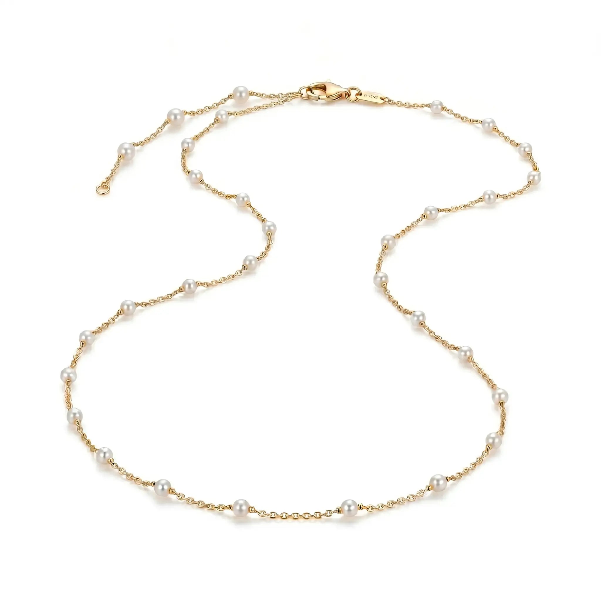 18K Solid Gold (Au750) 3-3.5mm Genuine Akoya Pearl Station Necklace