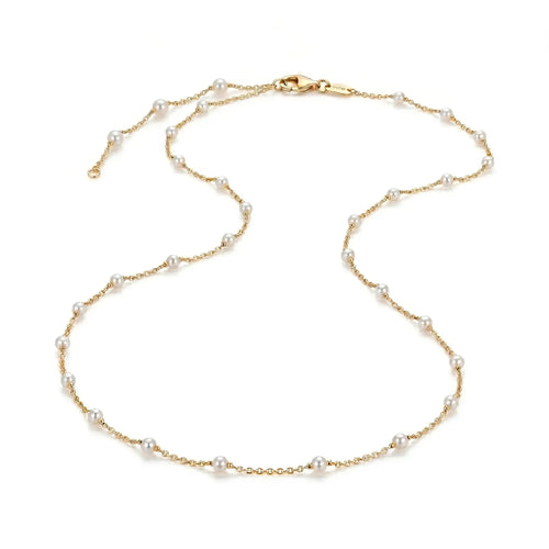18K Solid Gold (Au750) 3-3.5mm Genuine Akoya Pearl Station Necklace