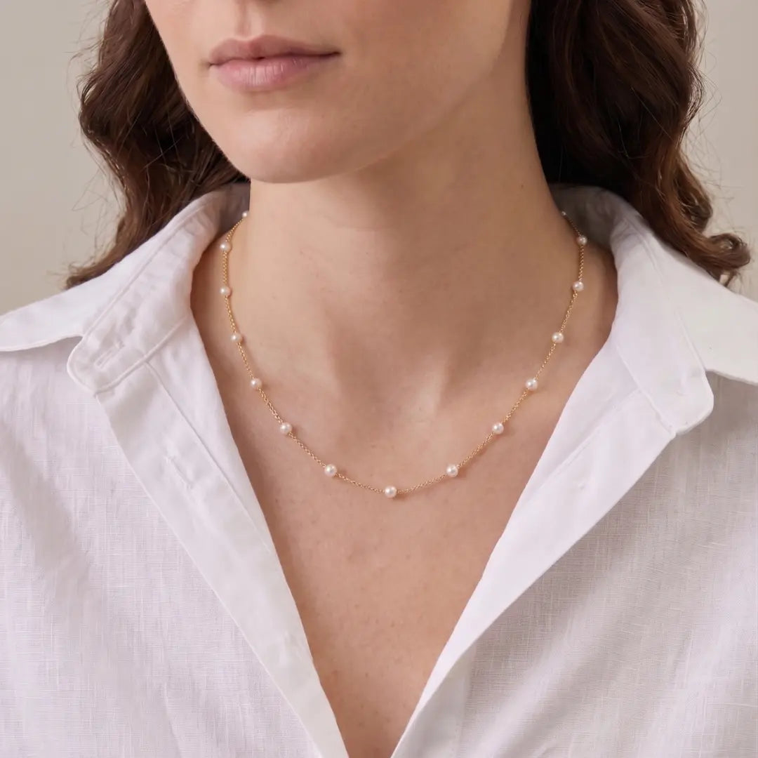 18K Solid Gold (Au750) 3-3.5mm Genuine Akoya Pearl Station Necklace