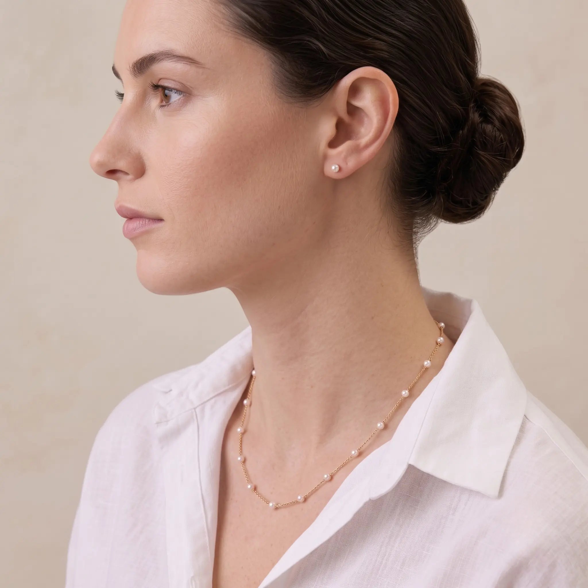 18K Solid Gold 3-3.5mm Japanese Akoya Pearl Station Necklace for Women, Genuine Sea Pearl Choker