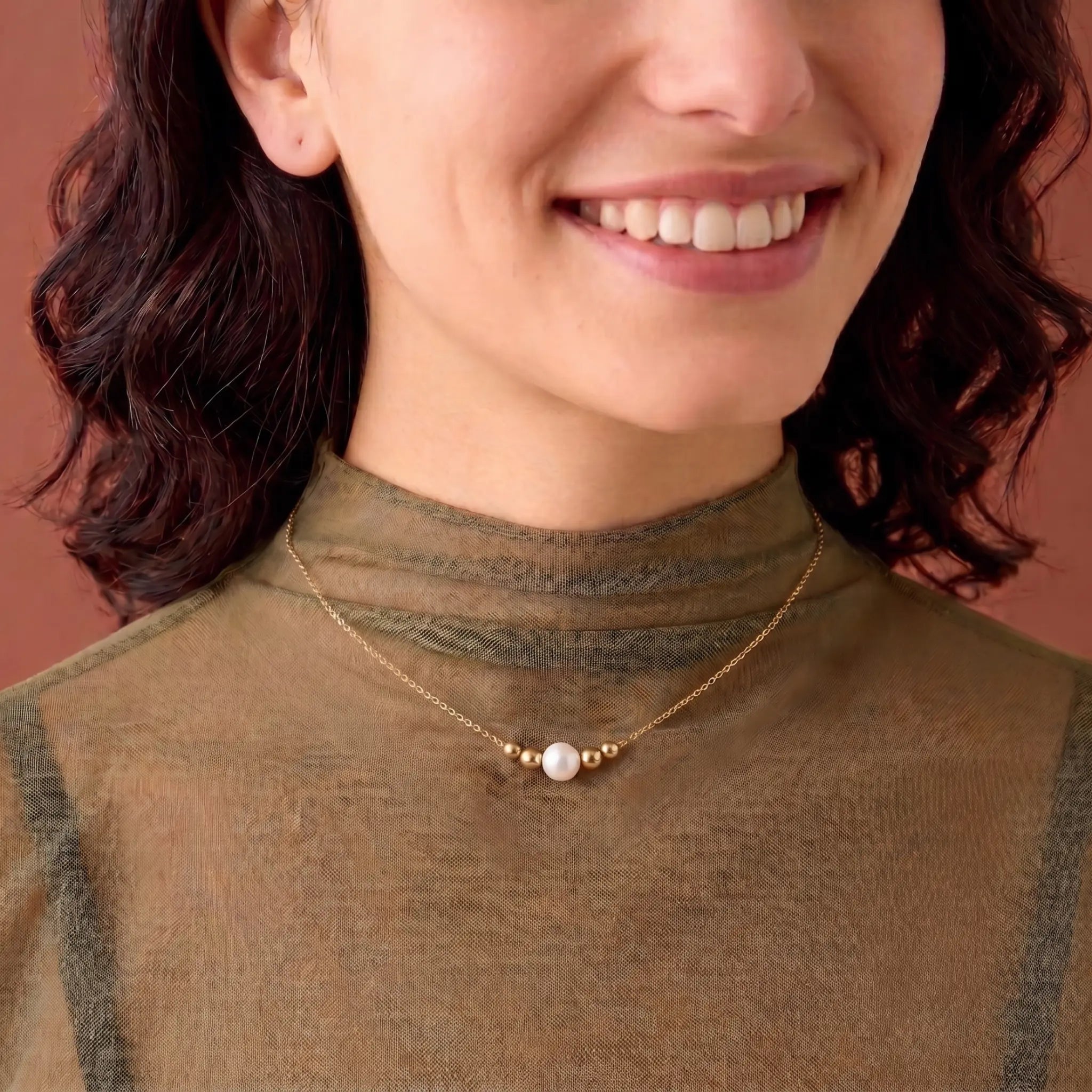 18K Solid Gold Pearl Necklace 7-7.5mm, Real Gold Bead Minimalist Choker for Women