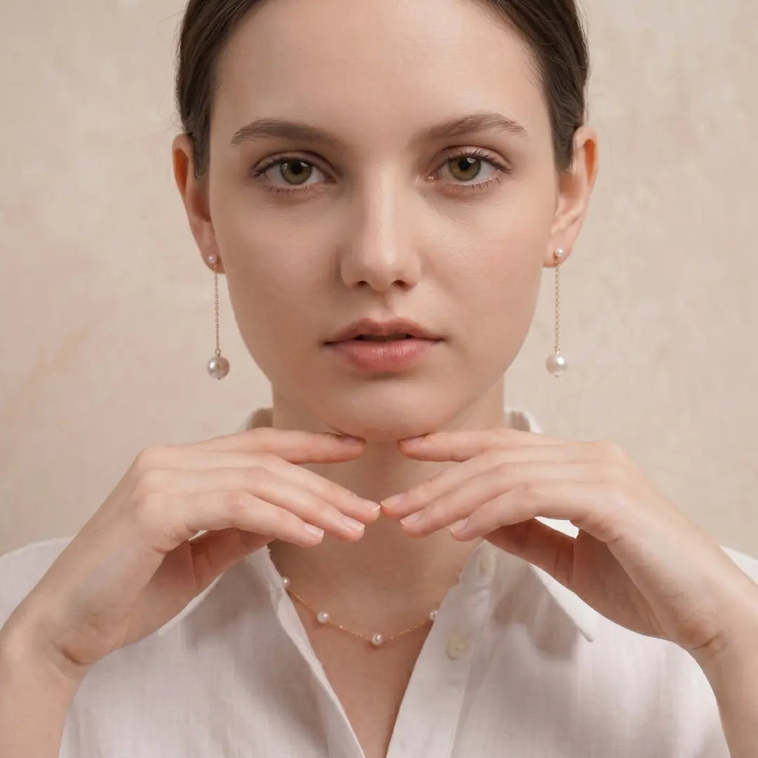 18K Solid Gold Japanese Akoya Pearl Threader Earrings for Women