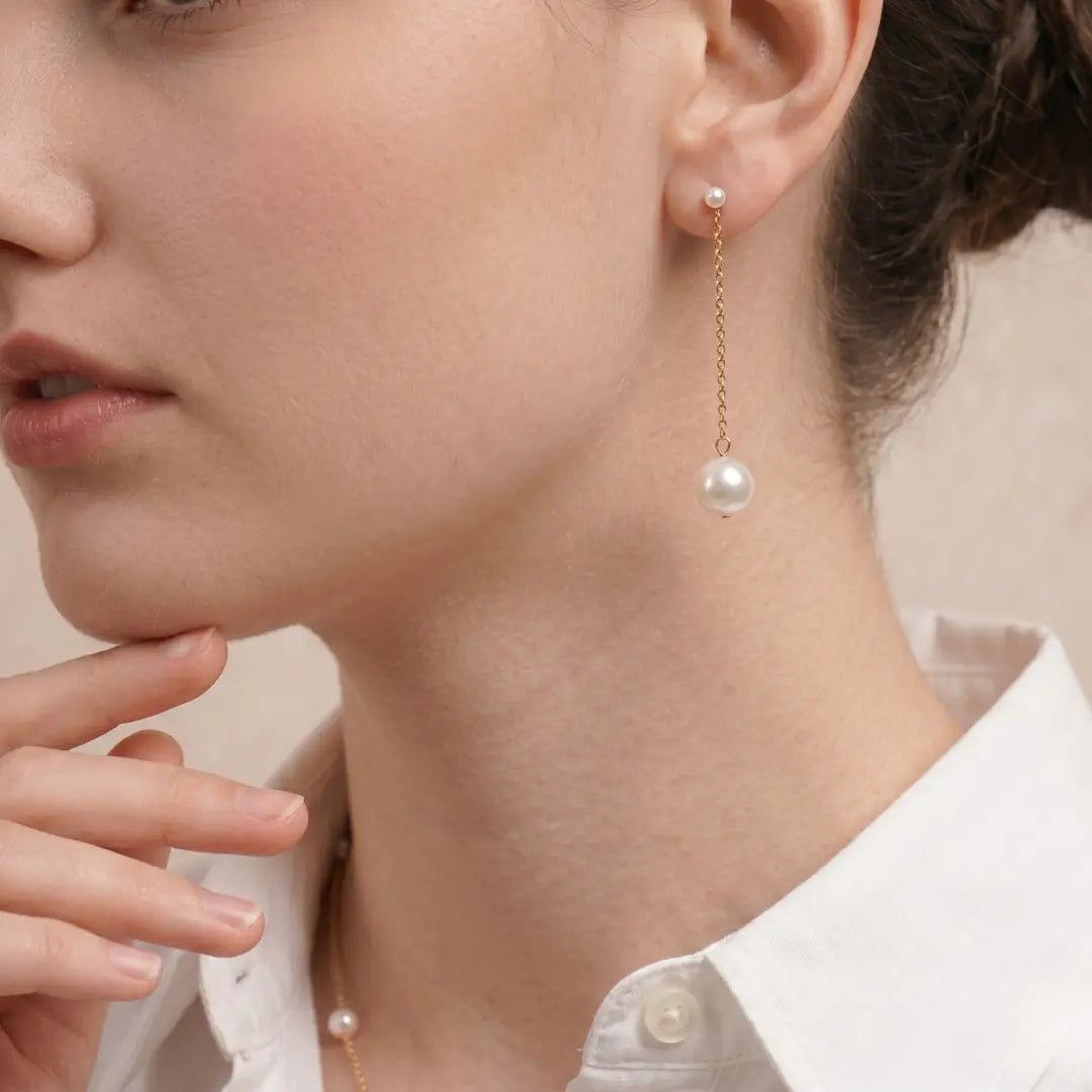 18K Solid Gold Japanese Akoya Pearl Threader Earrings for Women