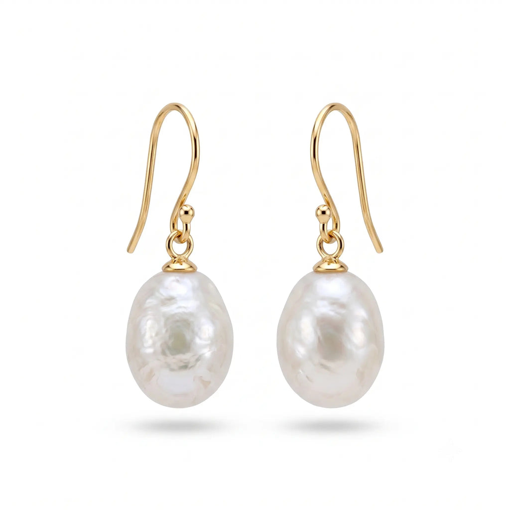 Hypoallergenic solid yellow gold unique baroque pearl drops for everyday shirt look