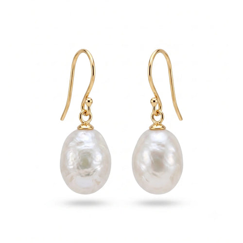 Hypoallergenic solid yellow gold unique baroque pearl drops for everyday shirt look