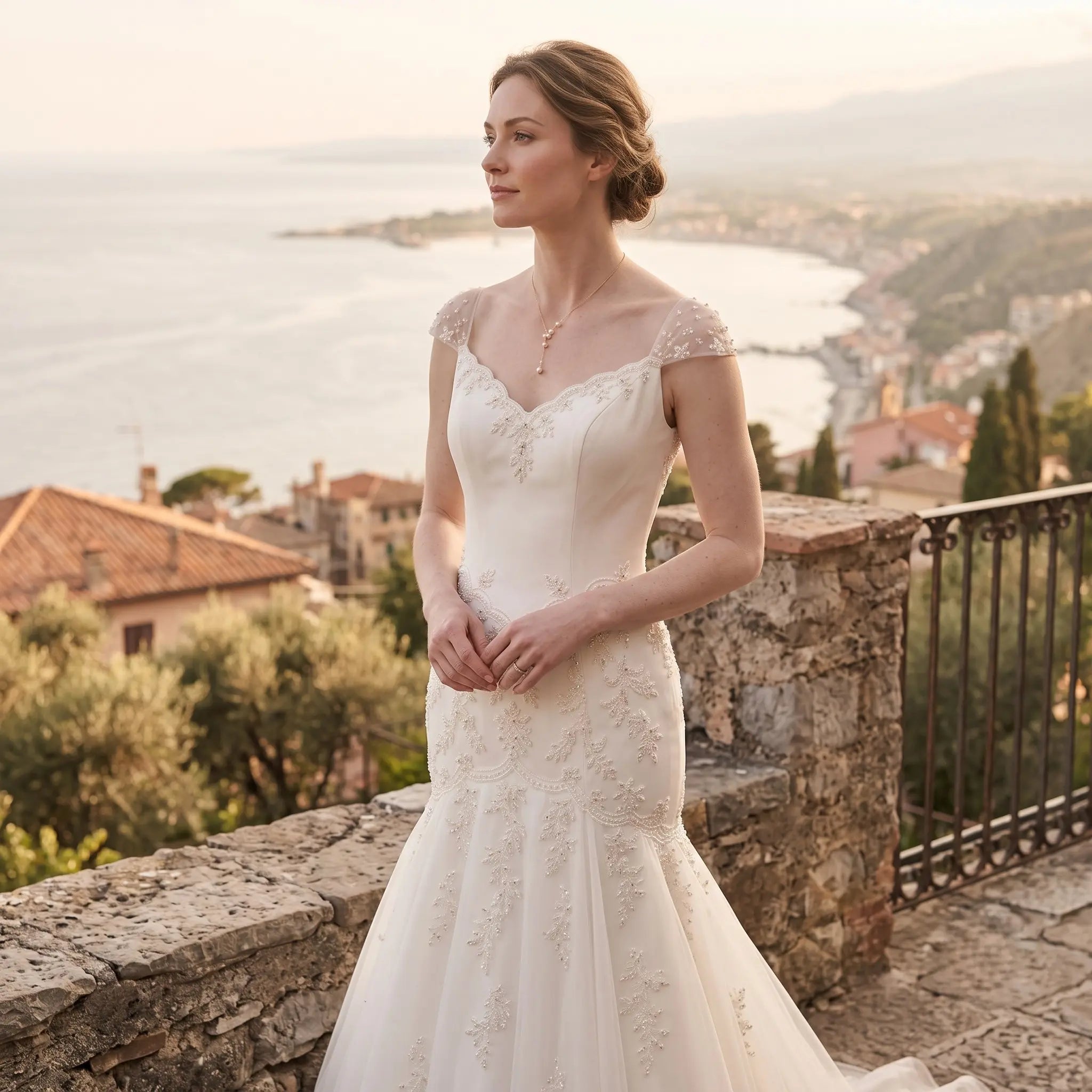 Bride wearing an 18K solid gold baroque pearl Y-lariat necklace for a modern romantic bridal jewelry look.