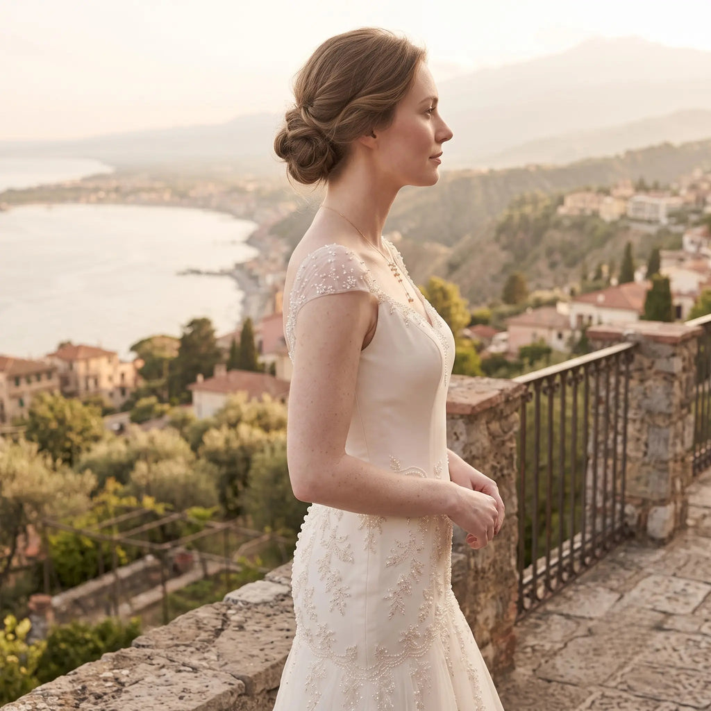 Side profile of a bride wearing a cascading baroque pearl necklace, highlighting the elegant Y-chain silhouette and neckline.
