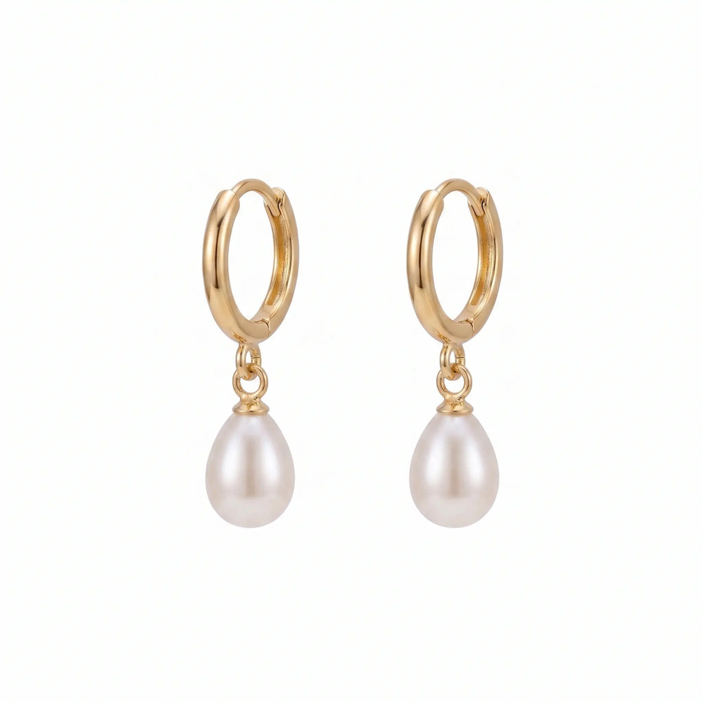 18K Solid Yellow Gold Dainty Rice Pearl Drop Hoop Earrings