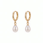 18K Solid Yellow Gold Dainty Rice Pearl Drop Hoop Earrings