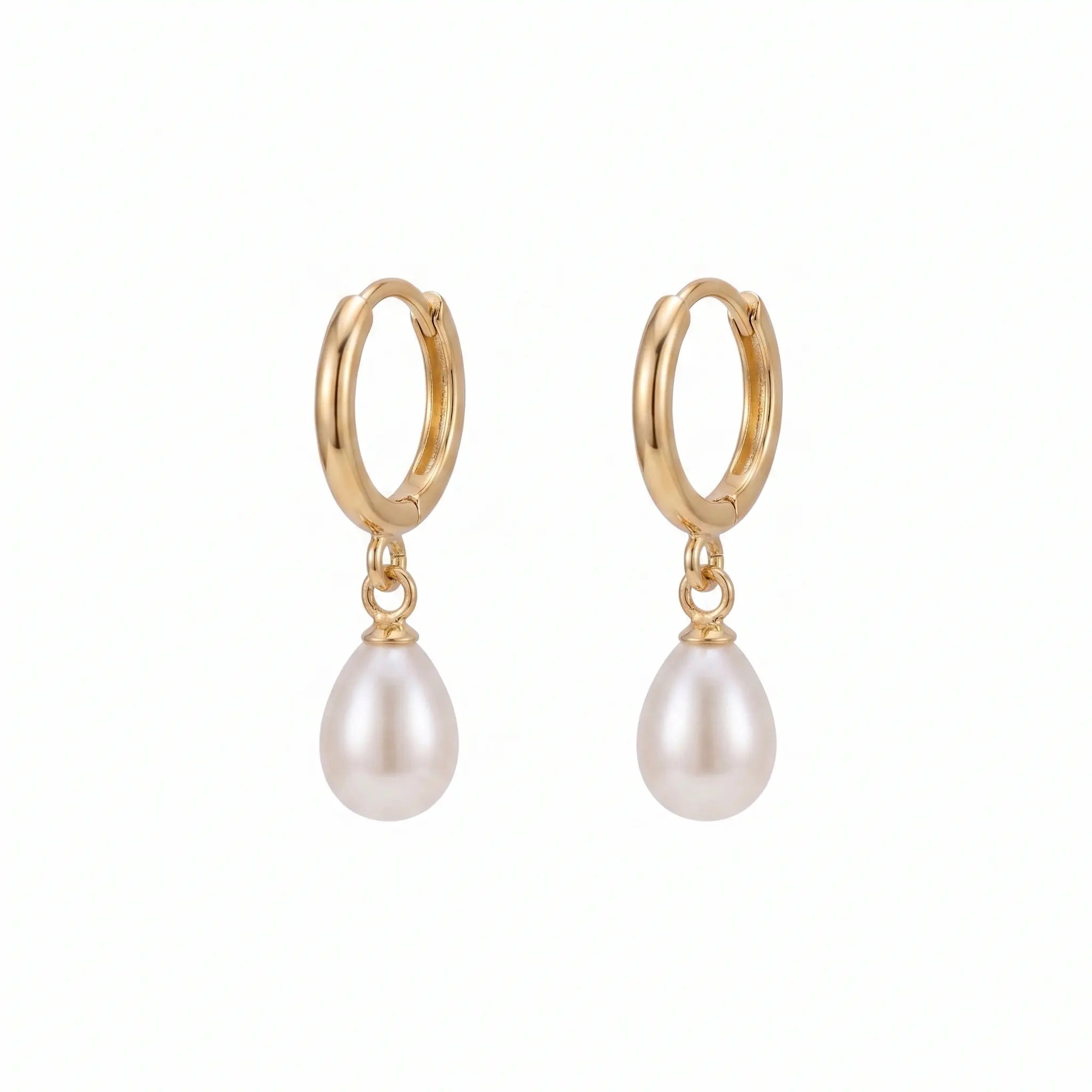 18K Solid Yellow Gold Dainty Rice Pearl Drop Hoop Earrings