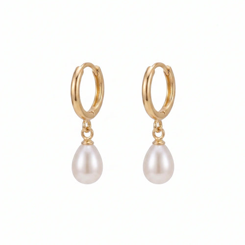 18K solid gold mini hoop earrings featuring genuine freshwater rice pearls with a dainty drop design and timeless elegance.