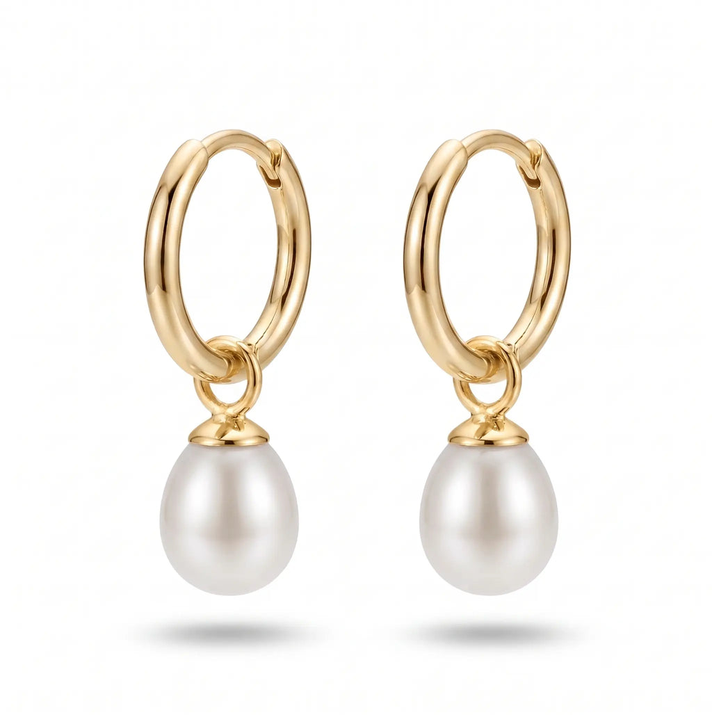 18K Solid Gold 7-8mm Freshwater Rice Pearl Dangle Hoop Earrings