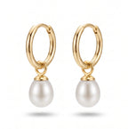 18K Solid Gold 7-8mm Freshwater Rice Pearl Dangle Hoop Earrings