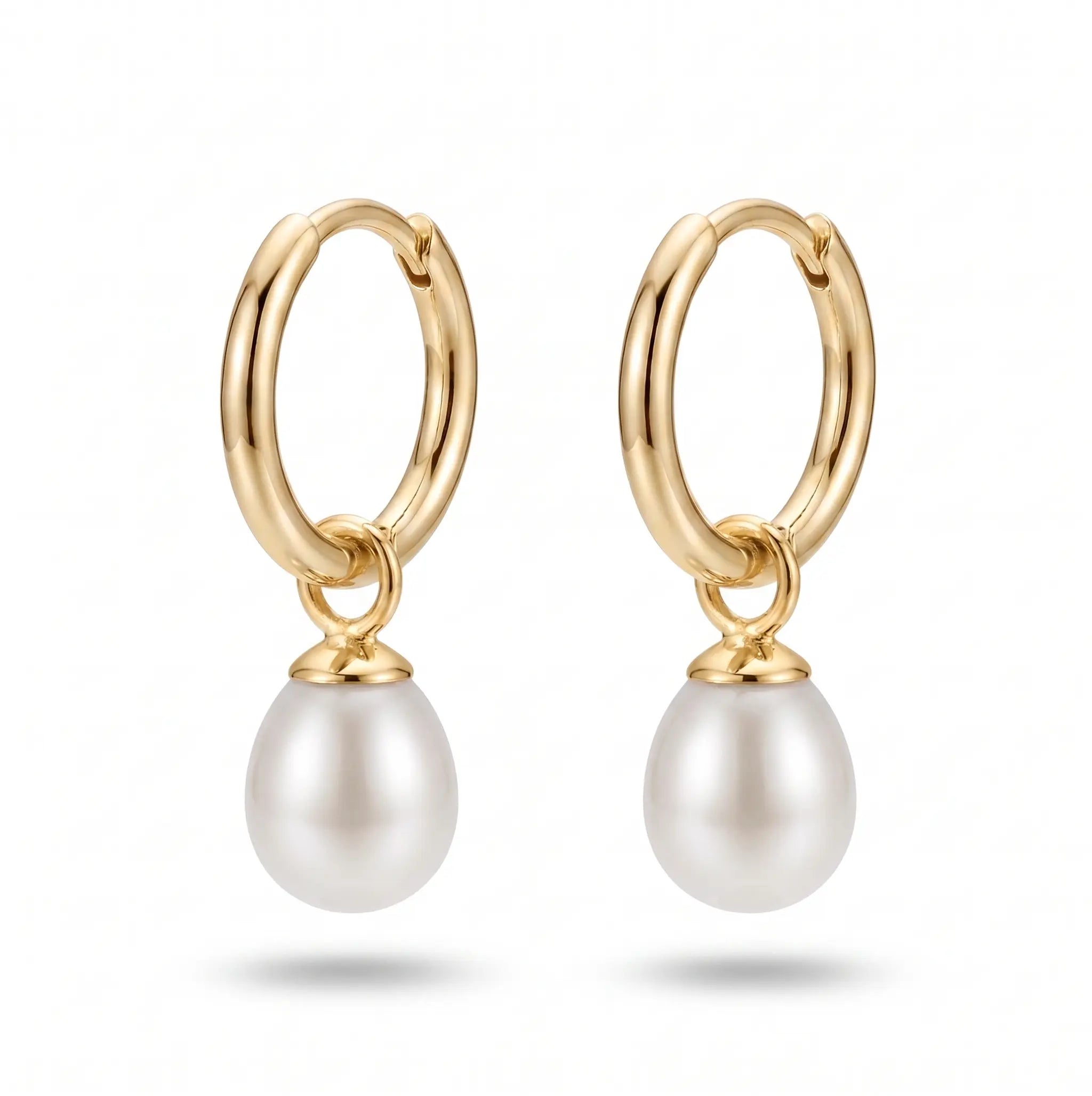 18K Solid Gold 7-8mm Freshwater Rice Pearl Dangle Hoop Earrings