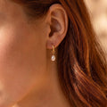 18K Solid Yellow Gold Dainty Rice Pearl Drop Hoop Earrings