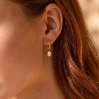 18K Solid Yellow Gold Dainty Rice Pearl Drop Hoop Earrings