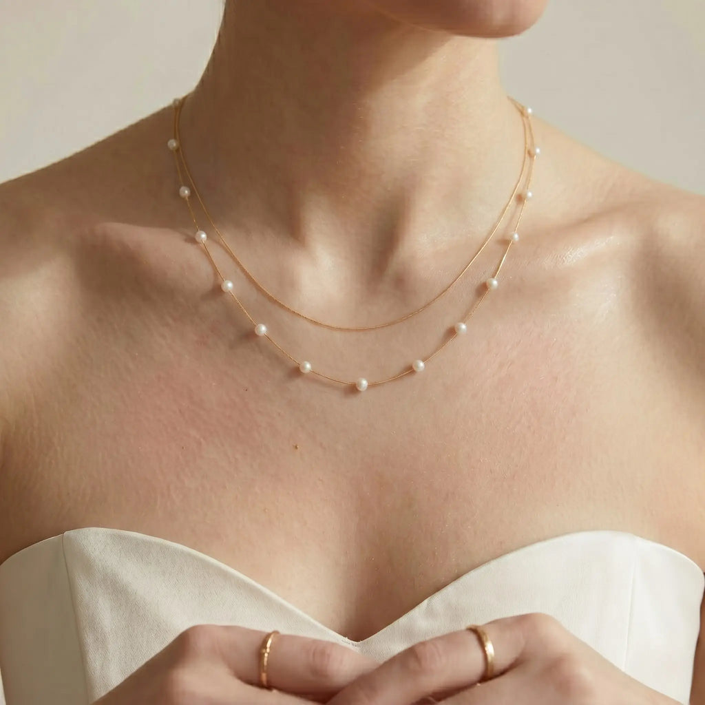 Bridal Wedding 18K Solid Gold Double Layer Pearl Necklace - Real Gold Delicate Layered Chain Choker with Genuine Cultured Pearls