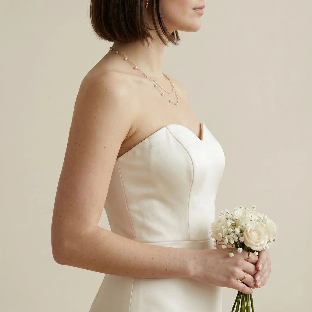 Bridal Wedding 18K Solid Gold Double Layer Pearl Necklace - Real Gold Delicate Layered Chain Choker with Genuine Cultured Pearls