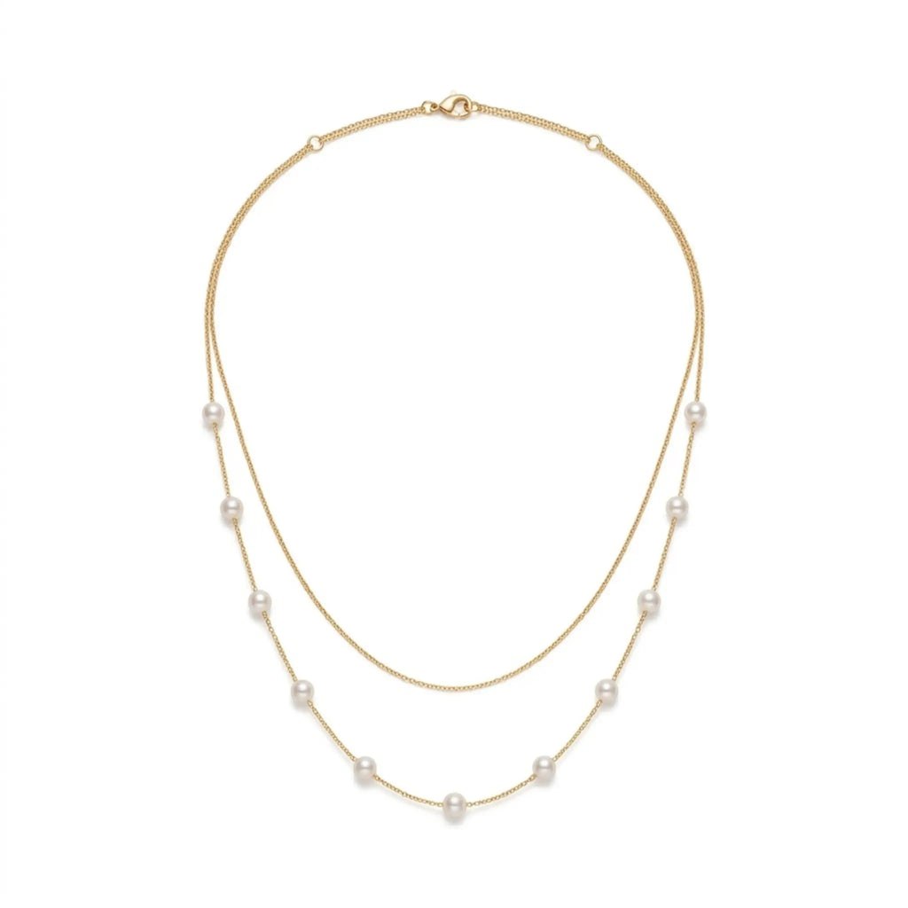 Bridal Wedding 18K Solid Gold Double Layer Pearl Necklace - Real Gold Delicate Layered Chain Choker with Genuine Cultured Pearls