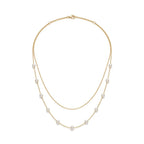 Bridal Wedding 18K Solid Gold Double Layer Pearl Necklace - Real Gold Delicate Layered Chain Choker with Genuine Cultured Pearls