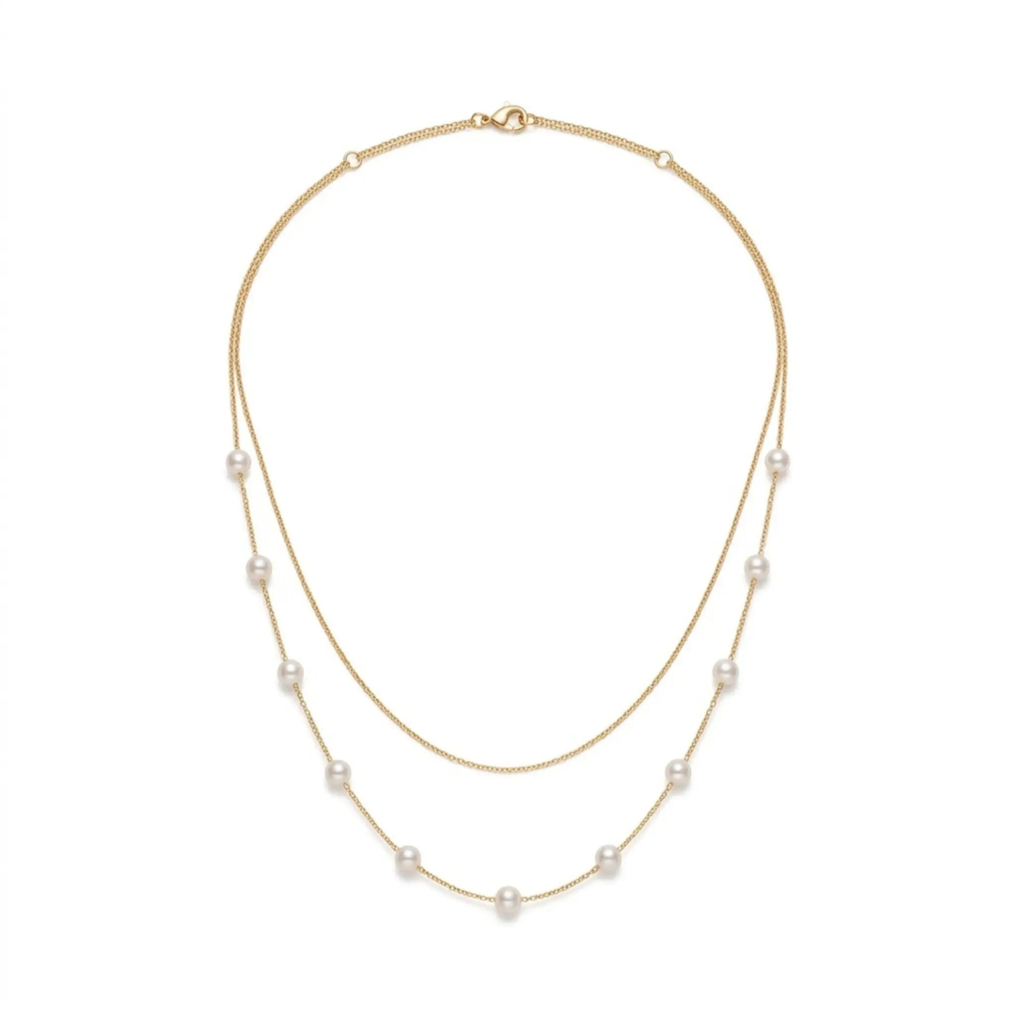 Bridal Wedding 18K Solid Gold Double Layer Pearl Necklace - Real Gold Delicate Layered Chain Choker with Genuine Cultured Pearls