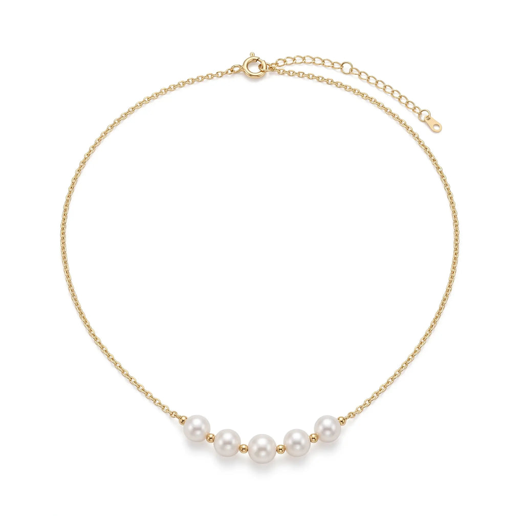 18K Solid Gold Balance Pearl Necklace with 5-5.5mm Freshwater Pearls & Gold Beads